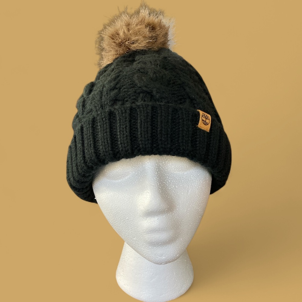 Timberland Black Cable Knit Lined Hat w/Faux Fur Pom Pom & Turn Back Cuff EUC